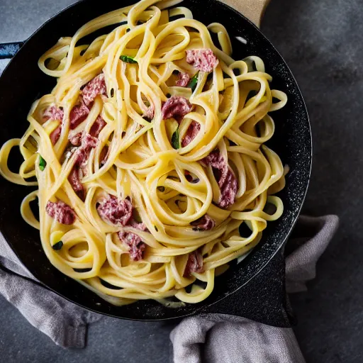 Prompt: Food photography of perfectly-made carbonara pasta, Nikon 25mm