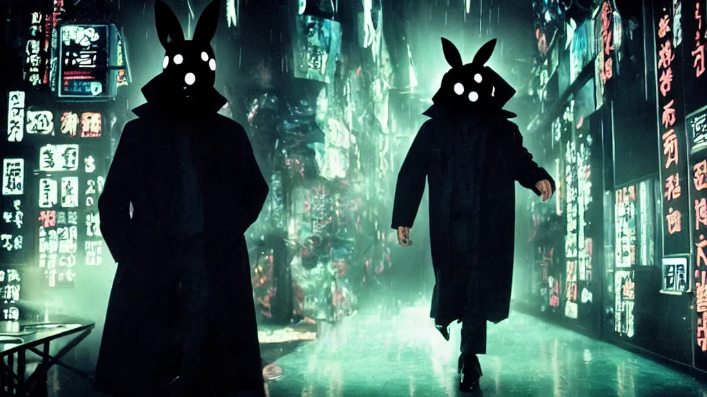 Prompt: a man in a trench coat wearing a black rabbit mask standing in a cyberpunk club on the dance floor , film still from the an anime directed by Katsuhiro Otomo with art direction by Salvador Dalí, wide lens