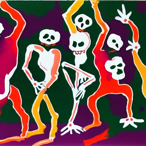 Image similar to dancing skeletons inspired by matisse dancers, painted by francis bacon,