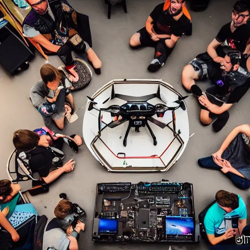 Prompt: an intricate drone photograph of a lan party, ultra wide lens, aerial photography,
