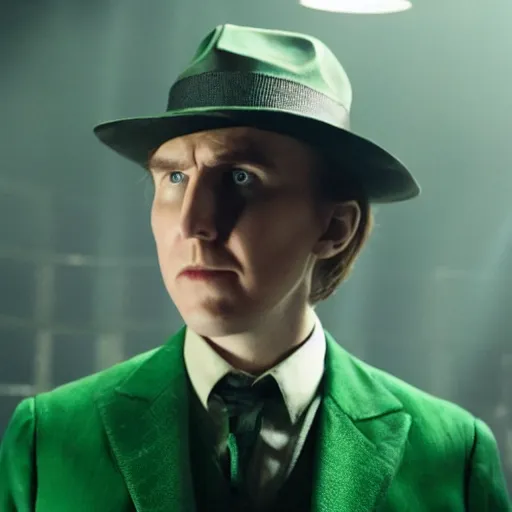 Image similar to film still of Paul Dano as Riddler in a green suit and tie and green fedora in The Batman, 4k, dark lighting, film noir, grainy, dark tone