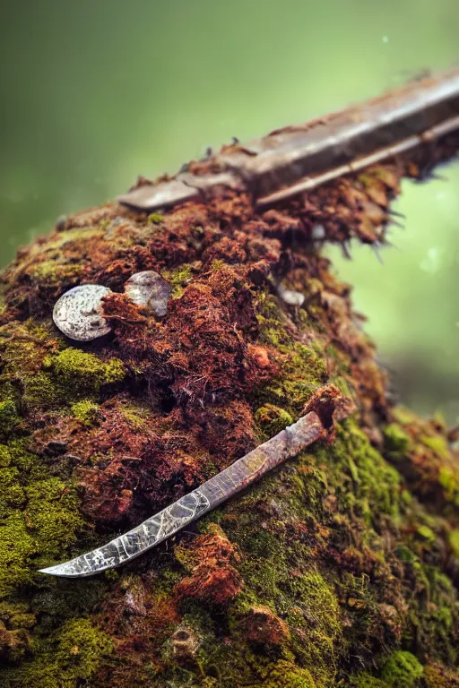 Prompt: a portrait of a rusty sword half embedded in a rock, rust and corrosion, moss and vegetation, ancient forest, excalibur, close - up, intricate details, intricately detailed textures, warm lighting, vivid colors, smoke and mist, hyper realistic octane render, volumetric shading, depth of field, raytracing, 8 k,