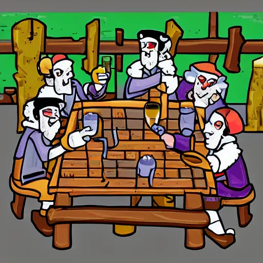 Image similar to important pirates drinking grog in a tavern table pixel