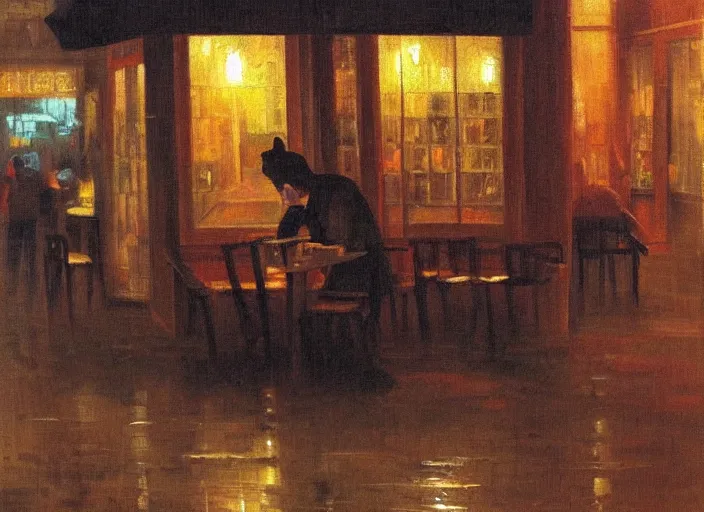Prompt: being alone at a cafe on a melancholic rainy night by ardon, mordecai, oil painting