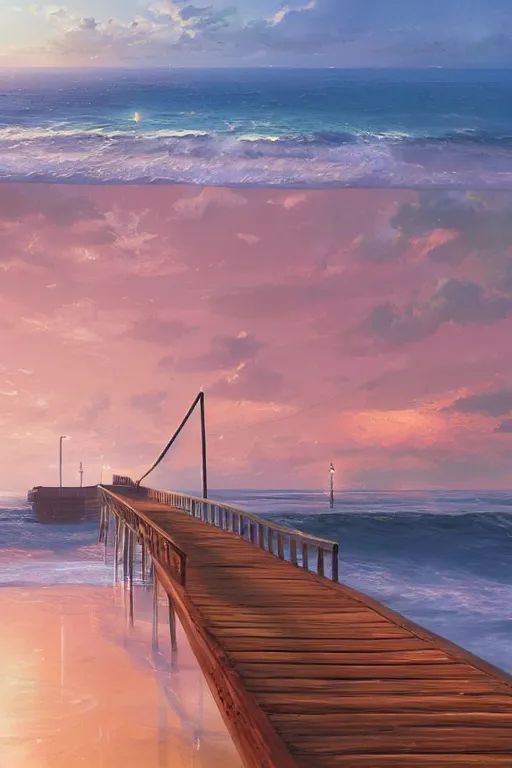 Image similar to view from a beach, marmalade sky with boardwalk along the ocean, trending on artstation, cgsociety, polycount, illustrated by greg rutkowski, intricate, detailed