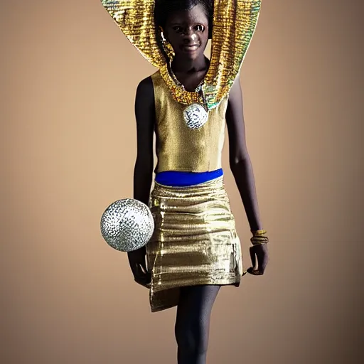 Prompt: early teenage african female dress in gold silks, metallic teal headband, silver sandals stands on a dirt track crossoads carrying a silver ball with a thin long silver chain, painted by simon henessy