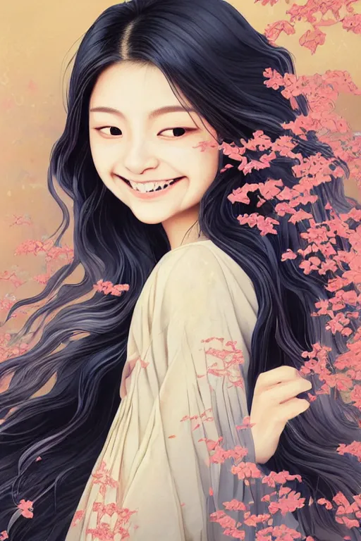 Image similar to beautiful young heroine like twice tzuyu+laughing+happy+smoky eyes+front face with light flowing hair smiling, great wave of hokusai, oil painting, portrait, acryllic spill, intricate complexity, rule of thirds, in the style of Kazuki Tanahashi, Genzoman, face by Artgerm and WLOP, fantasy character concept, Artgerm, watermark, blurry,cropped, 8k