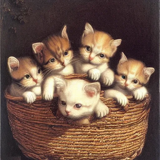 Prompt: renaissance portrait of a basket of kittens, Carvaggio, da Vinci, rembrandt