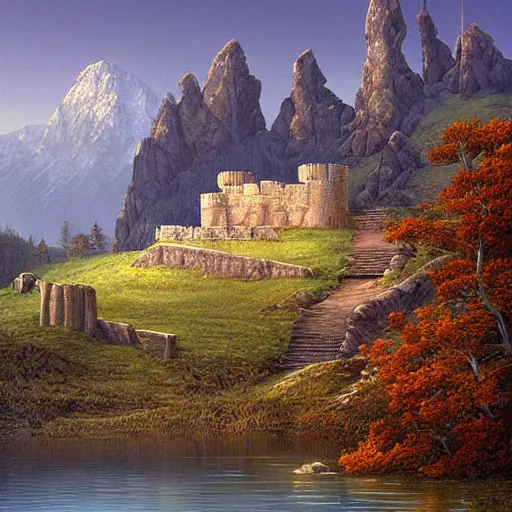 Prompt: fortress in the back country beside a lake, Darrell k sweet, digital art