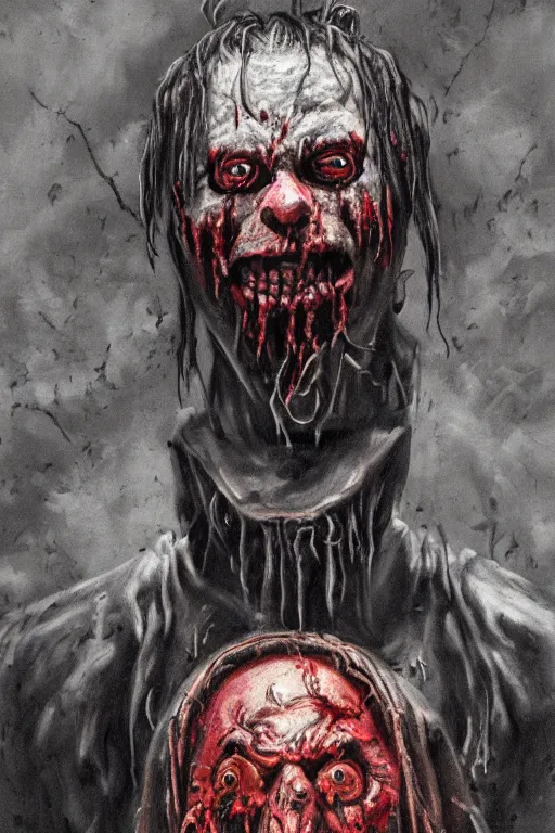 Image similar to a full body high detail fantasy portrait oil painting illustration of slipknot band in a lake of blood by justin sweet with face and body clearly visible, insane, realistic proportions, d & d, rpg, forgotten realms, artstation trending, high quality, sombre mood, artstation trending, muted colours, entire person visible!