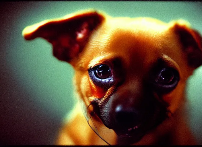 Prompt: a extreme close - up photo, color studio photographic portrait of a little dog, dramatic backlighting, 1 9 9 3 photo from life magazine,