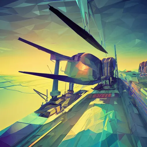 Image similar to super detailed color lowpoly art, big graphic seiner ship, unreal engine, high contrast color palette, 3 d render, lowpoly, colorful, digital art, perspective, full volume composition, syd mead