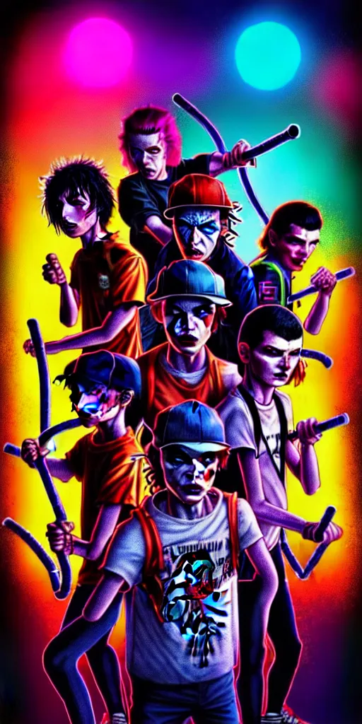 Image similar to young punk rockers fighting against zombies at the playground, by baseball bat in the retro wave stranger things style, neon colors, hyper detailed, digital art, cinematic lighting, concept art by artgerm and greg rutkowski and caravaggio and moebius and jakub rebelka, 8 k