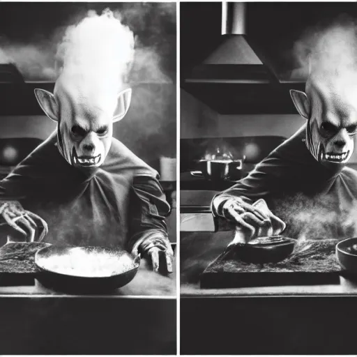 Prompt: nosferatu is cooking in a kitchen, realistic photography