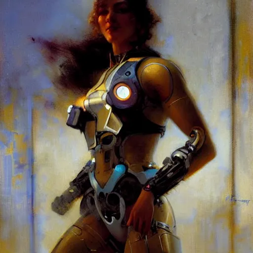 Image similar to Attractive cyborg woman, painting by Gaston Bussiere, Craig Mullins