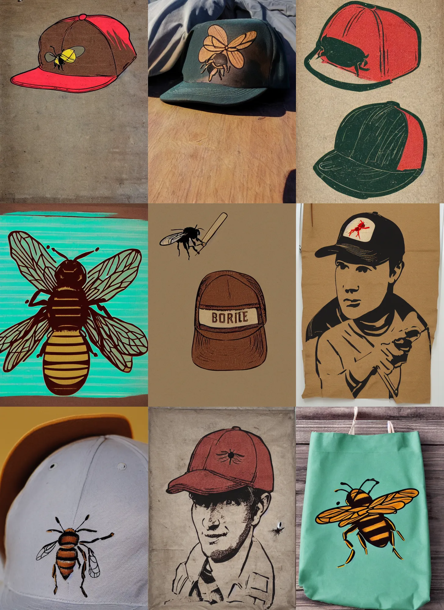 Prompt: a color photograph of a brown baseball cap handmade from a shopping bag with a large woodcut of a bee printed on the front