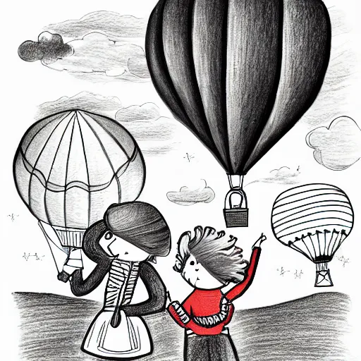 Image similar to a drawing of two children in a hot air balloon, a storybook illustration by jessie newbery, featured on dribble, plein air, storybook illustration, flat shading, whimsical