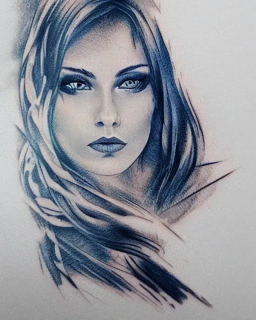 Image similar to tattoo design sketch of a beautiful blue - eyed woman face with a faded background of beautiful mountains on her side, hyper - realistic, in the style of den yakovlev, amazing detail, black and white