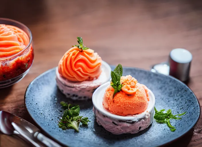 Image similar to dslr food photograph of salmon roe ice cream sundae, 8 5 mm f 1. 8