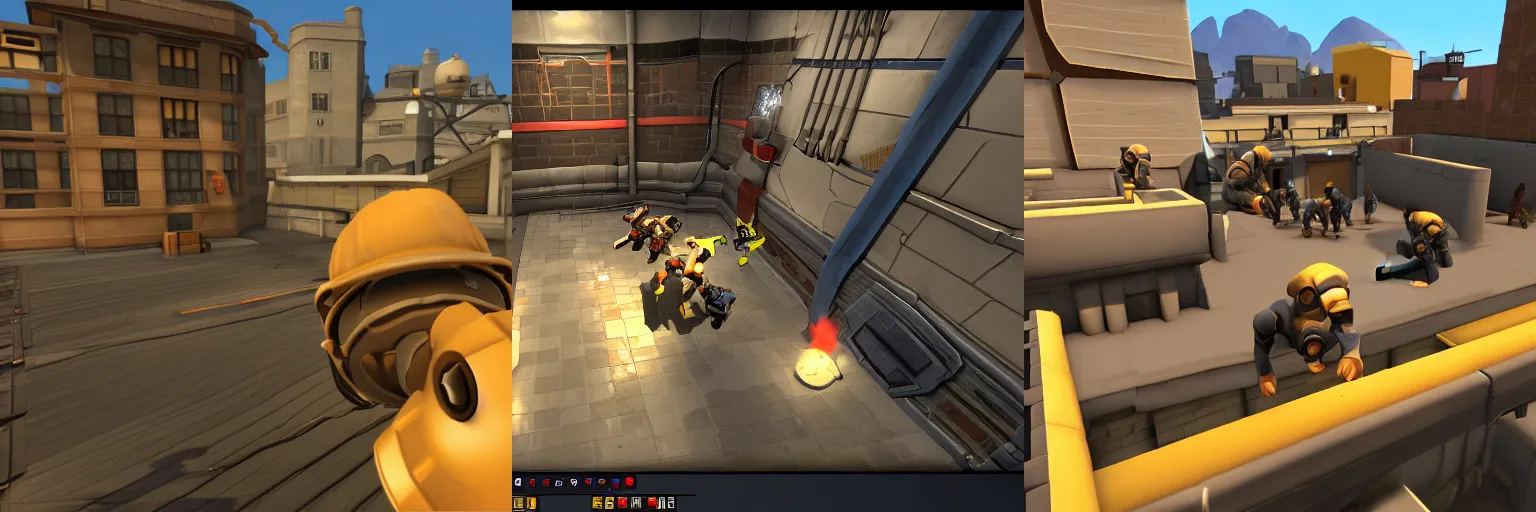 Prompt: A screenshot of pl_goldrush from Team Fortress 2