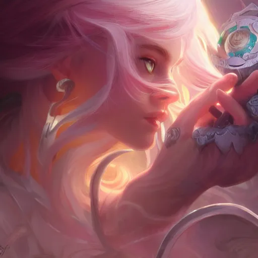 Image similar to Closeup of the video game character Kirby, fantasy, intricate, elegant, highly detailed, digital painting, artstation, concept art, matte, sharp focus, illustration, hearthstone, art by Artgerm and Greg Rutkowski and Alphonse Mucha