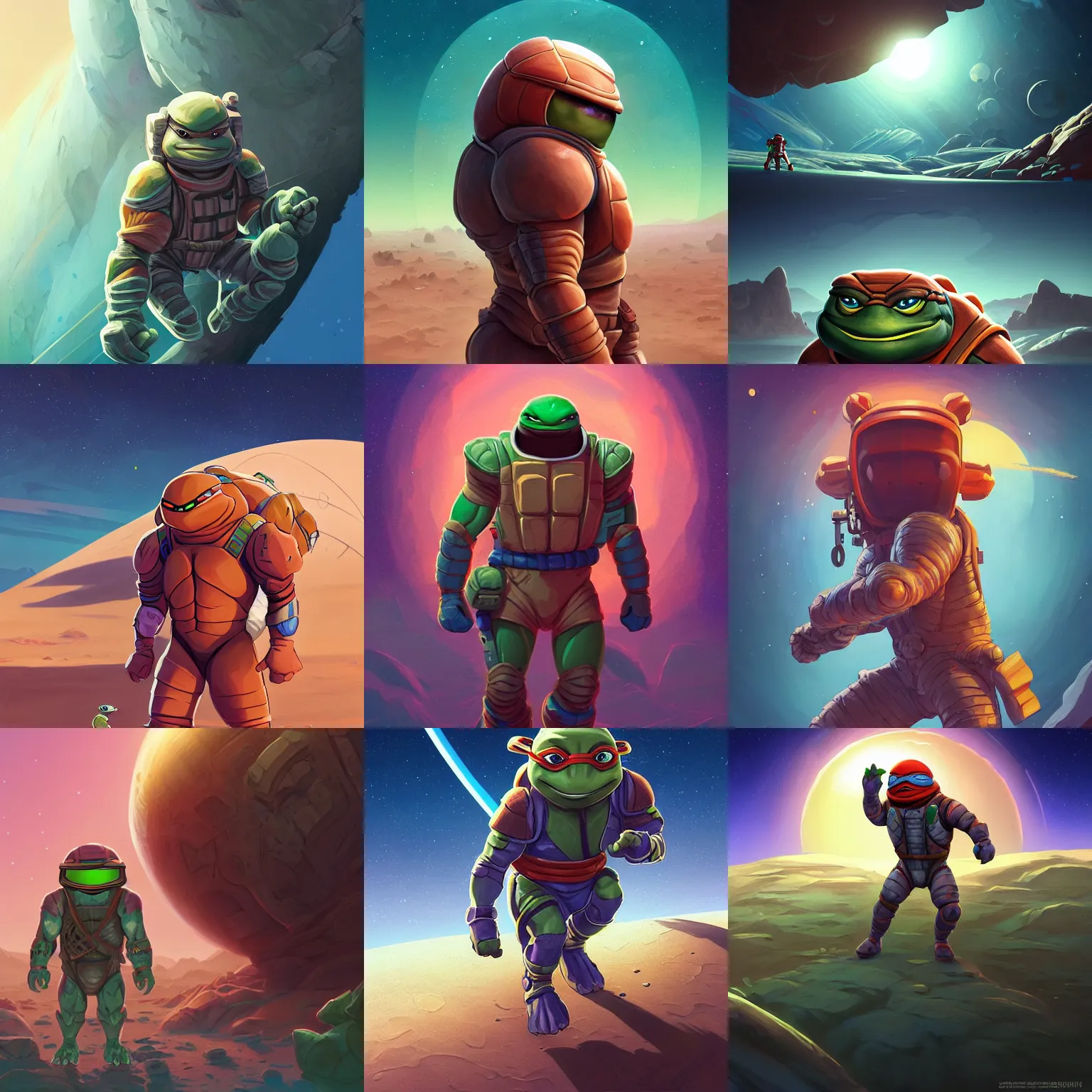 Prompt: Muscular ninja turtle in a spacesuit exploring Mars wild landscape, video game icon design, 2d game fanart, behance hd, by Jesper Ejsing, highlydetailed, by RHADS, Makoto Shinkai and Lois van baarle, ilya kuvshinov, rossdraws, global illumination