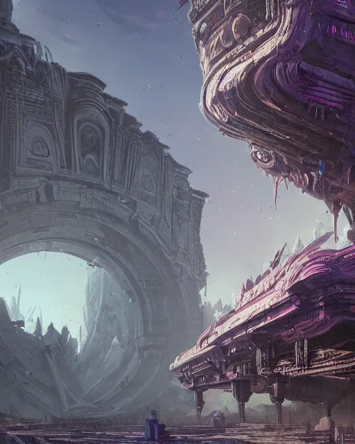 Image similar to the eternal city, alien architecture, purple, environment art, fantasy art, landscape art, in the style of greg rutkowski, illustration, epic, fantasy, intricate, hyper detailed, artstation, concept art, smooth, sharp focus, ray tracing