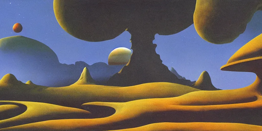 Image similar to extraterrestrial landscape, harmony, by roger dean