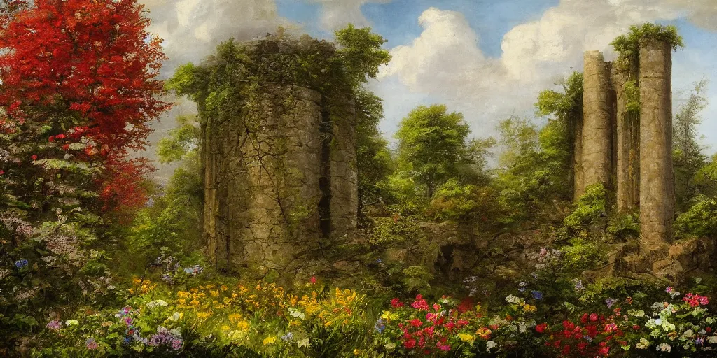 Image similar to Art of The cinematic view of The overgrown ruins of a stone tower amidst a forest of flowering trees by Rip Van Winkle