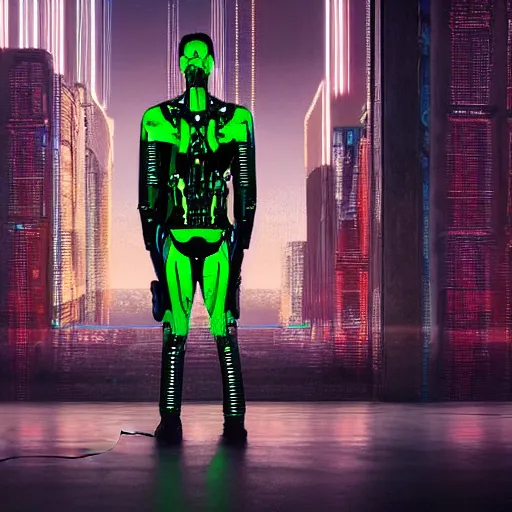 Image similar to painted by Robin Eley, a man in a neon suit stands in an empty room, his right arm and leg are cybernetic prosthetics. Outside the large floor to ceiling windows is a vast cyberpunk cityscape