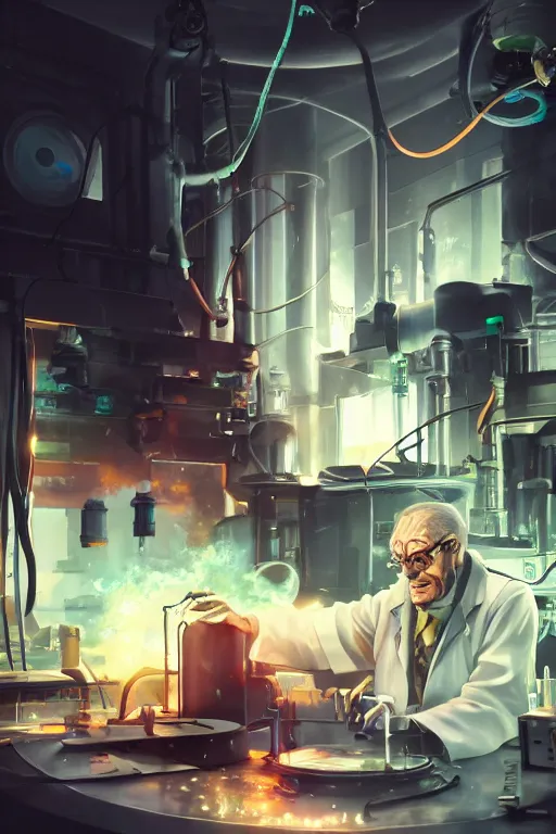 Prompt: a mad scientist mixing dangerous radioactive chemicals on a laboratory, wlop, trending on artstation, deviantart, anime key visual, official media, professional art, 8 k uhd