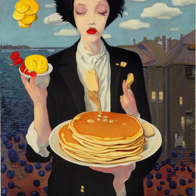 Image similar to tall emo female artist holding pancakes, in chippendale sydney, maple syrup, gold bullion, berries, pigs, octopus, acrylic on canvas, surrealist, by magritte and monet