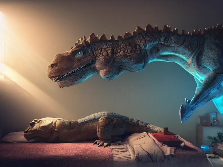 Prompt: sleeping!!!!! dinosaur laying on bed!!!!!, ultra realistic, lens flare, atmosphere, glow, detailed, intricate, full of colour, cinematic lighting, trending on artstation, 4 k, hyperrealistic, focused, extreme details, unreal engine 5, cinematic, masterpiece