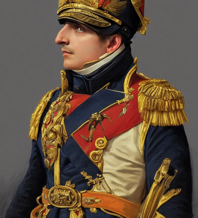 Image similar to portrait of emperor napoleon wearing a traditional nineteenth century french empire military uniform, metal shoulder pauldrons, intricate, highly detailed, digital painting, artstation, concept art, sharp focus, cinematic lighting, illustration, art by artgerm and greg rutkowski, alphonse mucha, cgsociety
