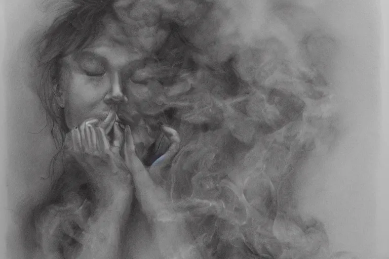 Image similar to a women fading into smoke, drawing, portrait, detailed, wide shot,. - h 4 0 0