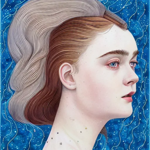 Image similar to professional painting of Elle Fanning in the style of Martine Johanna, head and shoulders portrait, symmetrical facial features, smooth, sharp focus, illustration, intricate, stormy weather, extremely detailed masterpiece,