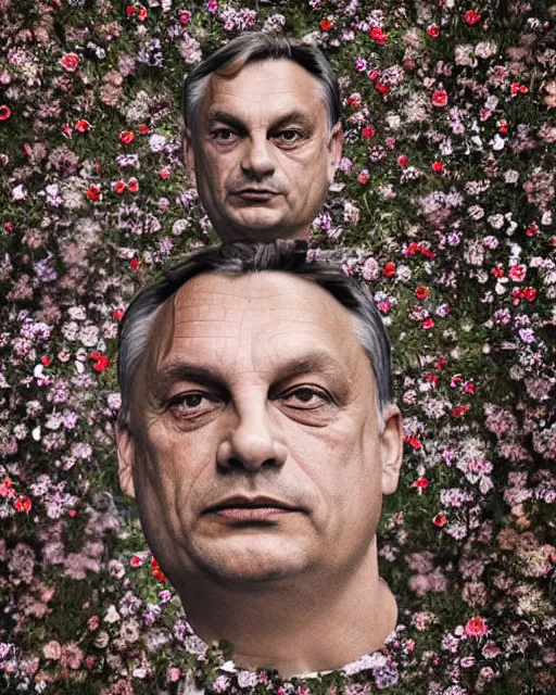 Image similar to viktor orban, made of wildflowers, in the style of the dutch masters and gregory crewdson, dark and moody