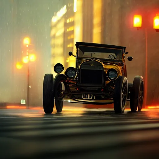 Image similar to vin diesel driving ford model t, drift, fog, volumetric lighting, bokeh, ultra realistic, highly detailed, city, cinematic, art by jan urschel and neil blevins