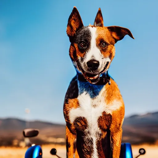 Image similar to blue heeler dog on a motorcycle, 8 k photography, blurred background of a wafflehouse