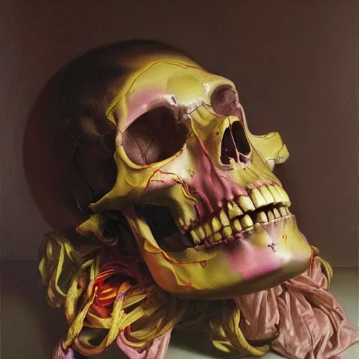 Prompt: a skull entangled in colorful threads by Roberto ferri, oil painting