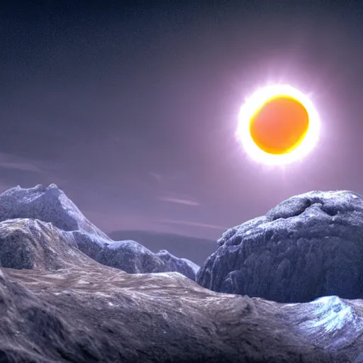 Image similar to surreal nuclear blast eclipse, small in size, rocky mountains, highly detailed, photorealistic shot, bright studio setting, studio lighting, crisp quality and light reflections, unreal engine 5, quality render