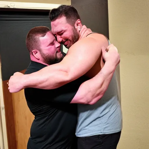 Prompt: a big muscular guy hugging his short fat boyfriend