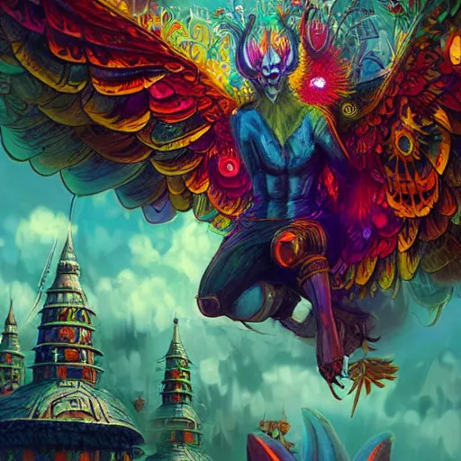 Image similar to 8K centered headshot Portrait of a psychedelic godlike mothman with giant mandala wings smoking a hand-rolled cigarette smoking heavily , magic mushroom village in background , post-processing , award winning. superb resolution. in the art style of Satoshi Kon and Greg Rutkowski . Detailed Mushroom city in background. Hyper realistic anime. Perfect art. Dalle2