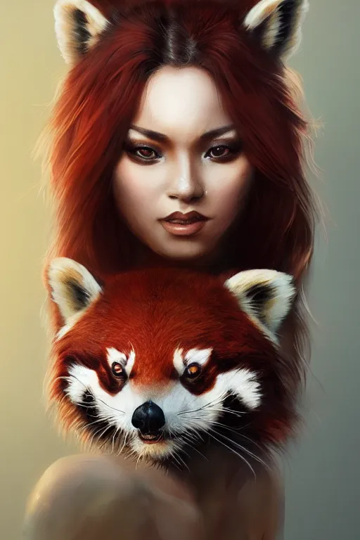 Image similar to a detailed image of a beautiful woman with red panda features, in professional makeup, dramatic lighting, by artgerm, ross tran, greg rutkowski, 4 k, trending on artstation