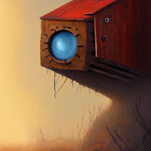 Prompt: a walking wood and metal house with two legs and one big eye, rust, hyperrealistic, highly detailed, cinematic, single ray of sun, morning, pareidolia, gravity falls style, red and blue, beautiful, cgssociety, artstation, 8 k, oil painting, digital art