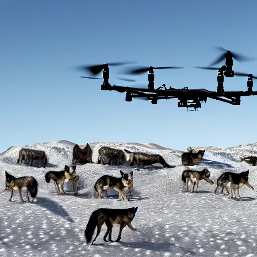 Prompt: a uav with it own shaddow is watching a large group of wolves