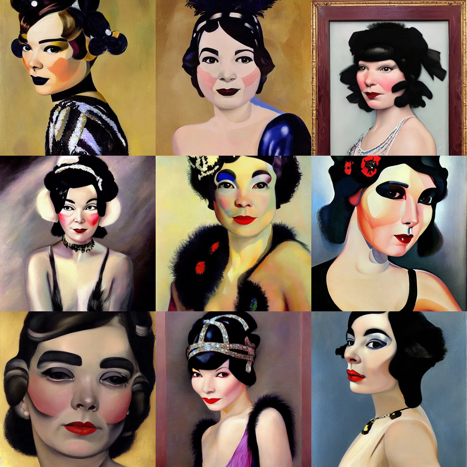 Prompt: detailed, beautiful portrait of bjork's face, dressed like a flapper. bjork painted by tamara de lempicka, 1 9 2 7.