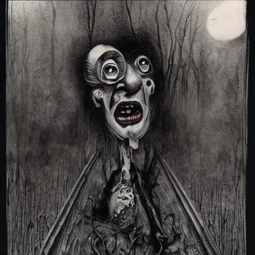 Image similar to Steve Urkel scared in a graveyard, creepy, spooky, horror, ink, illustration, Stephen Gammell