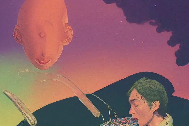 Image similar to a scifi closeup portrait of a young british man licking a blotter paper of LSD acid on his tongue and dreaming psychedelic hallucinations in cosmos, by kawase hasui, moebius, Edward Hopper and James Gilleard, Zdzislaw Beksinski, Steven Outram colorful flat surreal design, hd, 8k, artstation