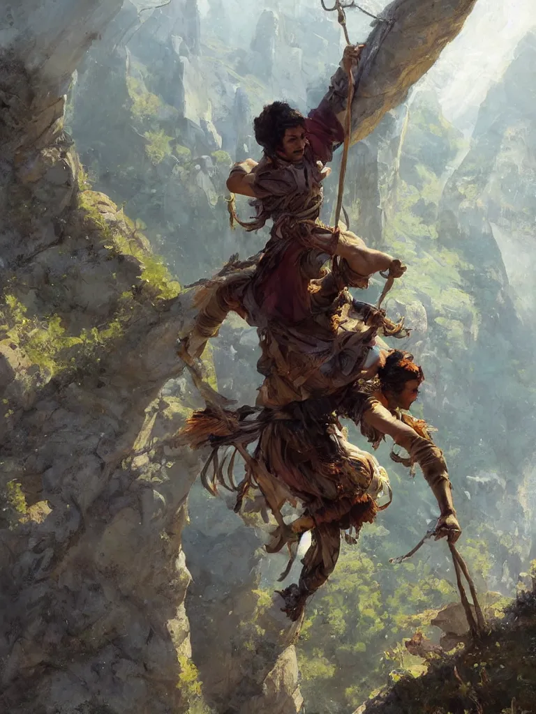 Image similar to oil art close - up view of one single young roma mage adventurer climbing down a cliffside in style of disco elysium character, gipsy jester character design from ravenloft, art by anders zorn, wonderful masterpiece by greg rutkowski, beautiful cinematic light, american romanticism by greg manchess, jessica rossier